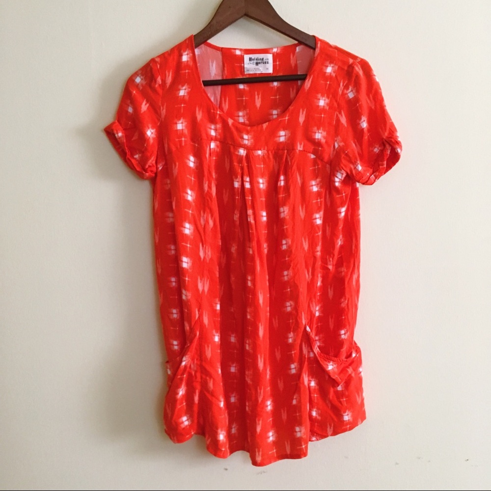Holding Horses Anthro Red Tunic Blouse Print XS